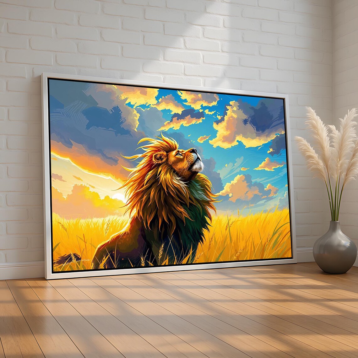 Majestic Lion Sunset Golden Savanna Wildlife Painting Wall Art