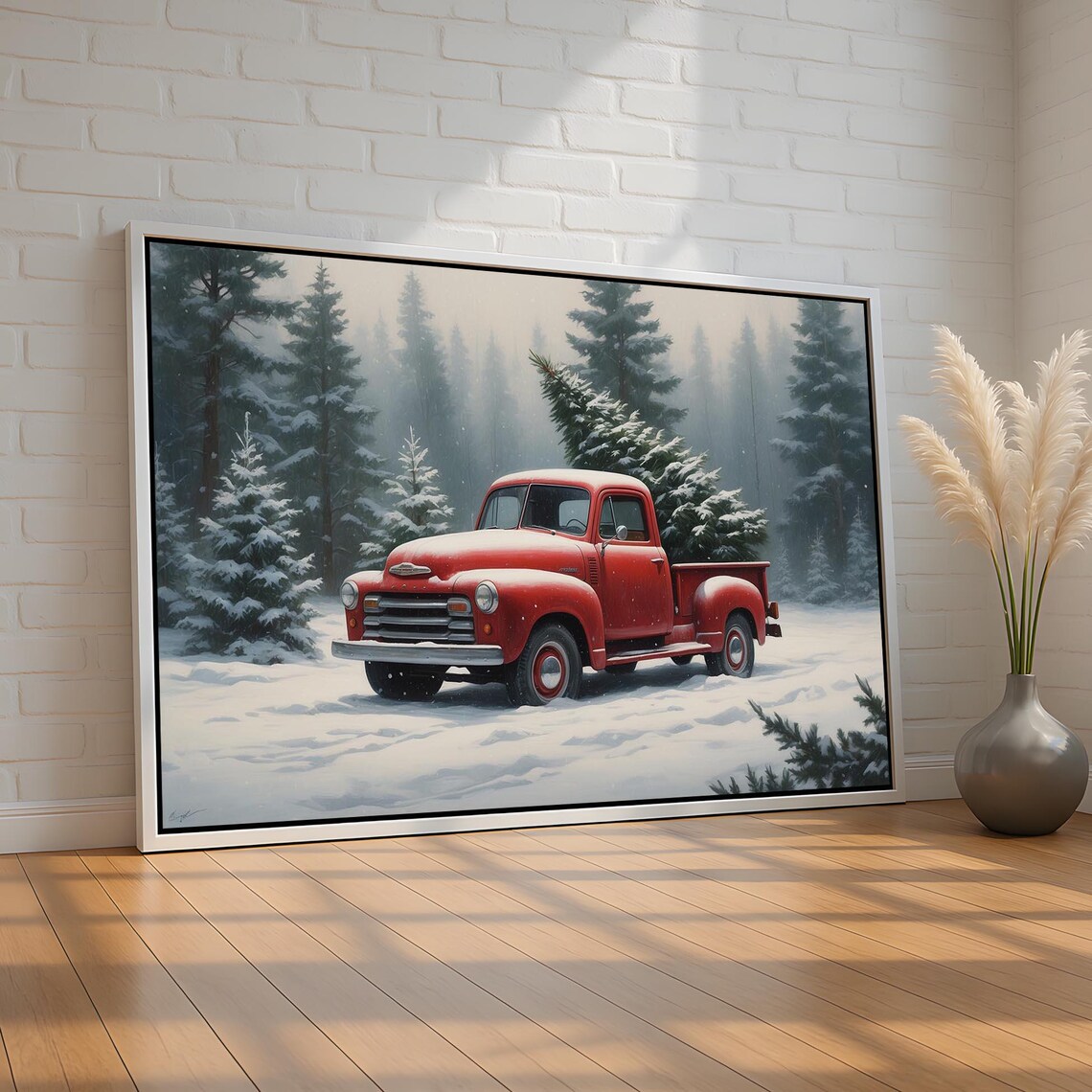 Vintage Red Pickup Truck Christmas Tree Snowy Forest Art Poster