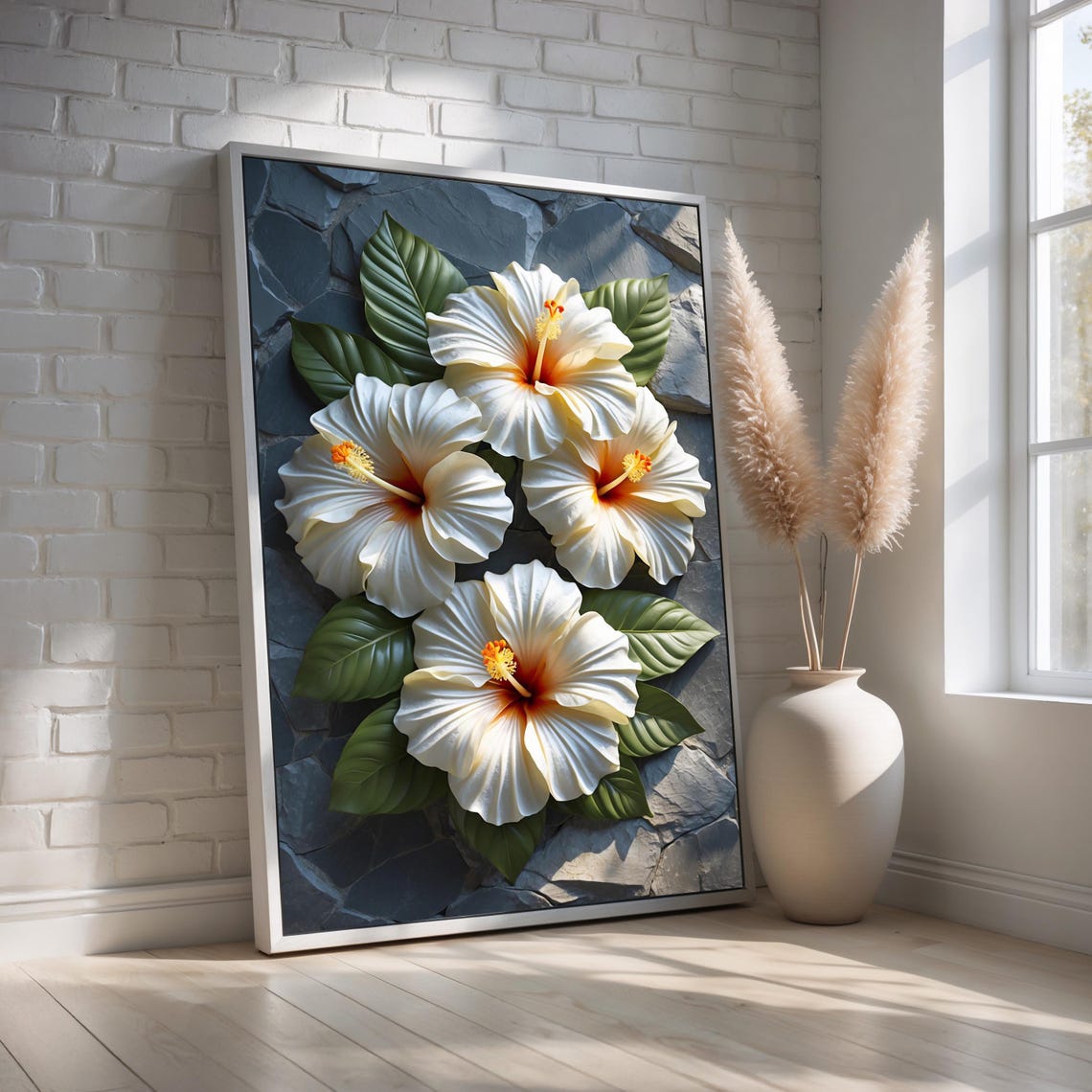 White Hibiscus Sculptural Floral Art On Slate Stone Tropical Wall Art