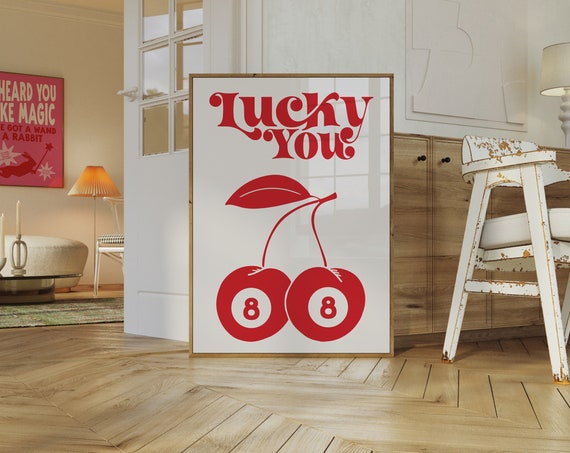Trendy Retro 8 Ball Cherries Print Retro Wall Art Cherry 8 Ball Print Cute Trendy Wall Art Lucky You Print Retro 8 Ball Print Cherry