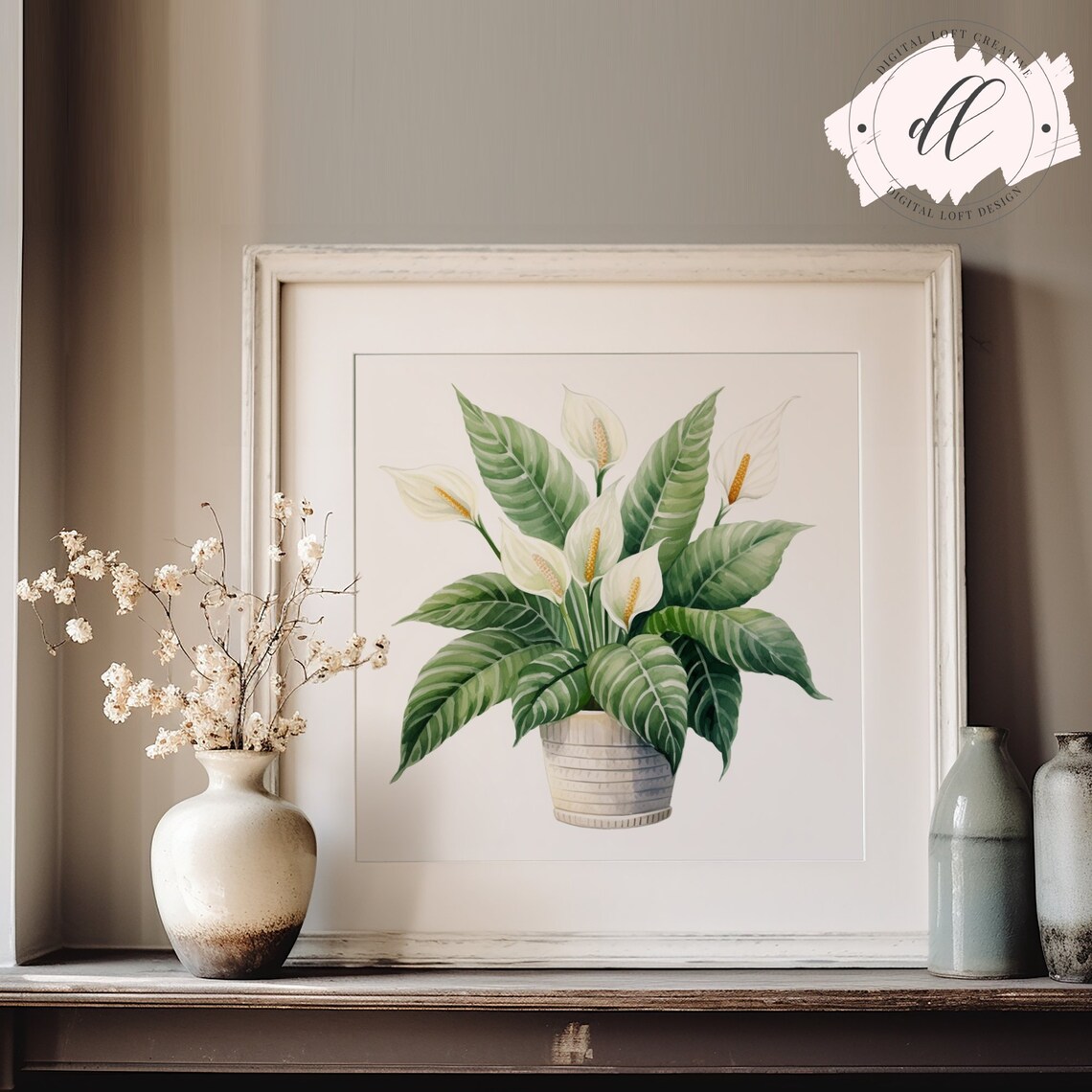 White Peace Lily Potted Plant Watercolor Botanical Art Poster