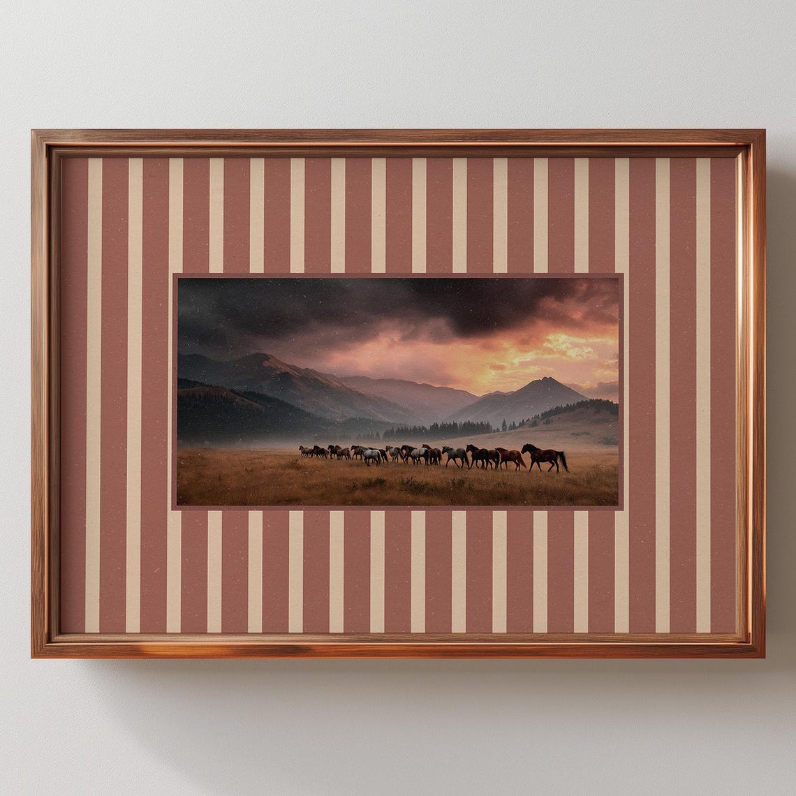 Wild Horses At Sunset Mountain Valley Herd Running Landscape Poster