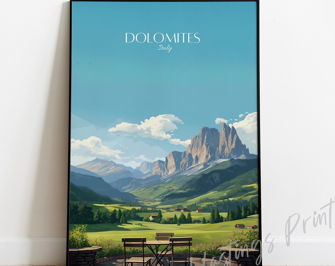 Dolomites Italy Alpine Valley Vintage Style Mountain Travel Poster