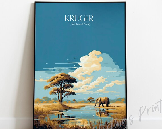 Kruger National Park Safari Elephant Vintage Style Travel Poster