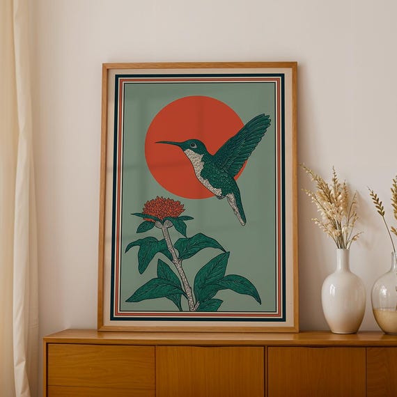 Vintage Hummingbird Print Rustic Botanical Folk Art