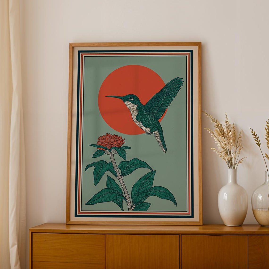 Vintage Hummingbird Print Rustic Botanical Folk Art