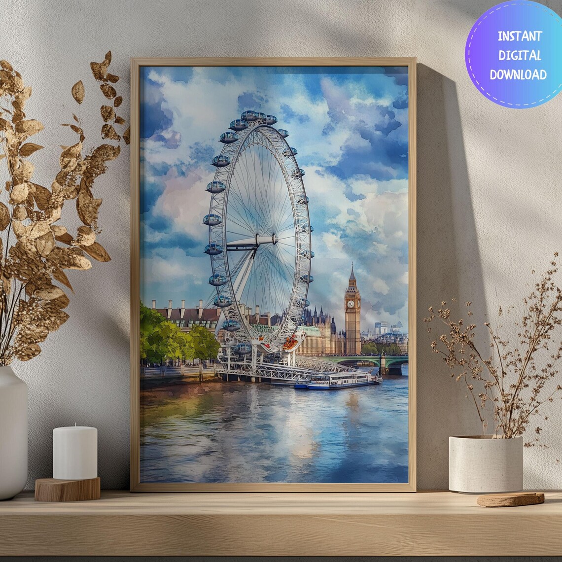 Watercolor London Eye, London Skyline Travel Poster