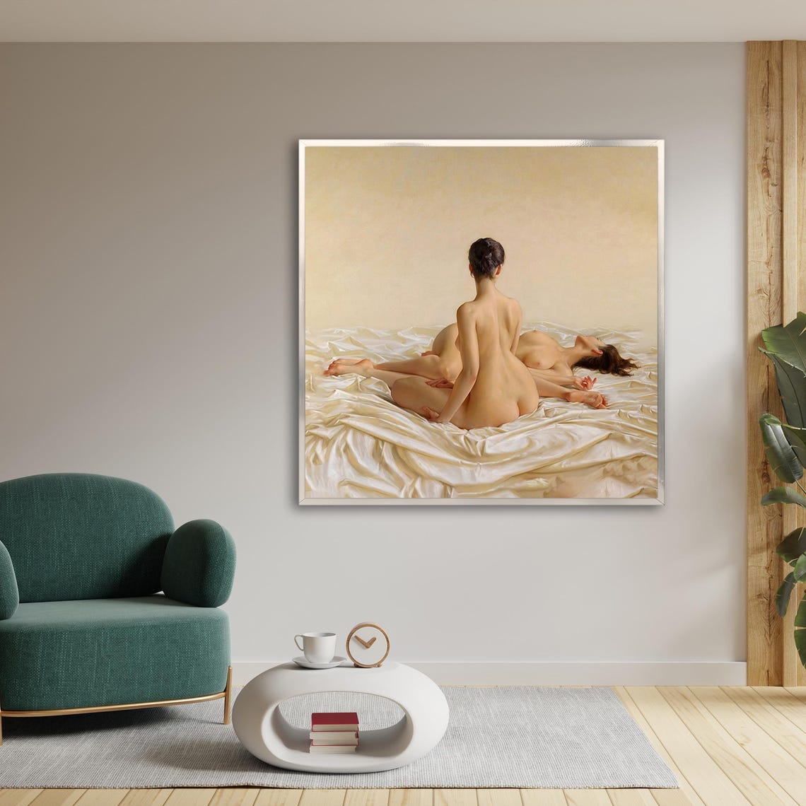 Two Nudes Ivory Satin Bed Classical Figure Painting Art Poster - Image 2