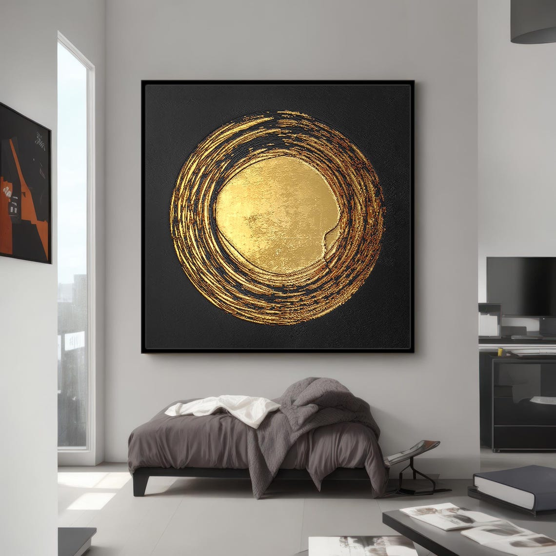 Golden Spiral Ring Abstract Black Gold Glitter Textured Art Poster - Image 3