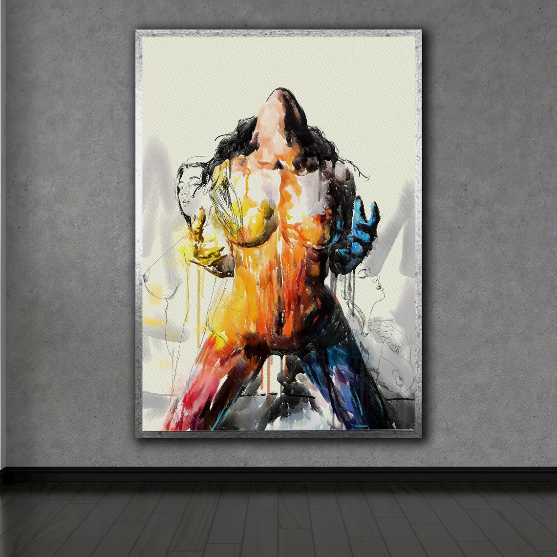 Watercolor Nude Woman in Orange and Blue Splashes Abstract Art Poster - Image 2