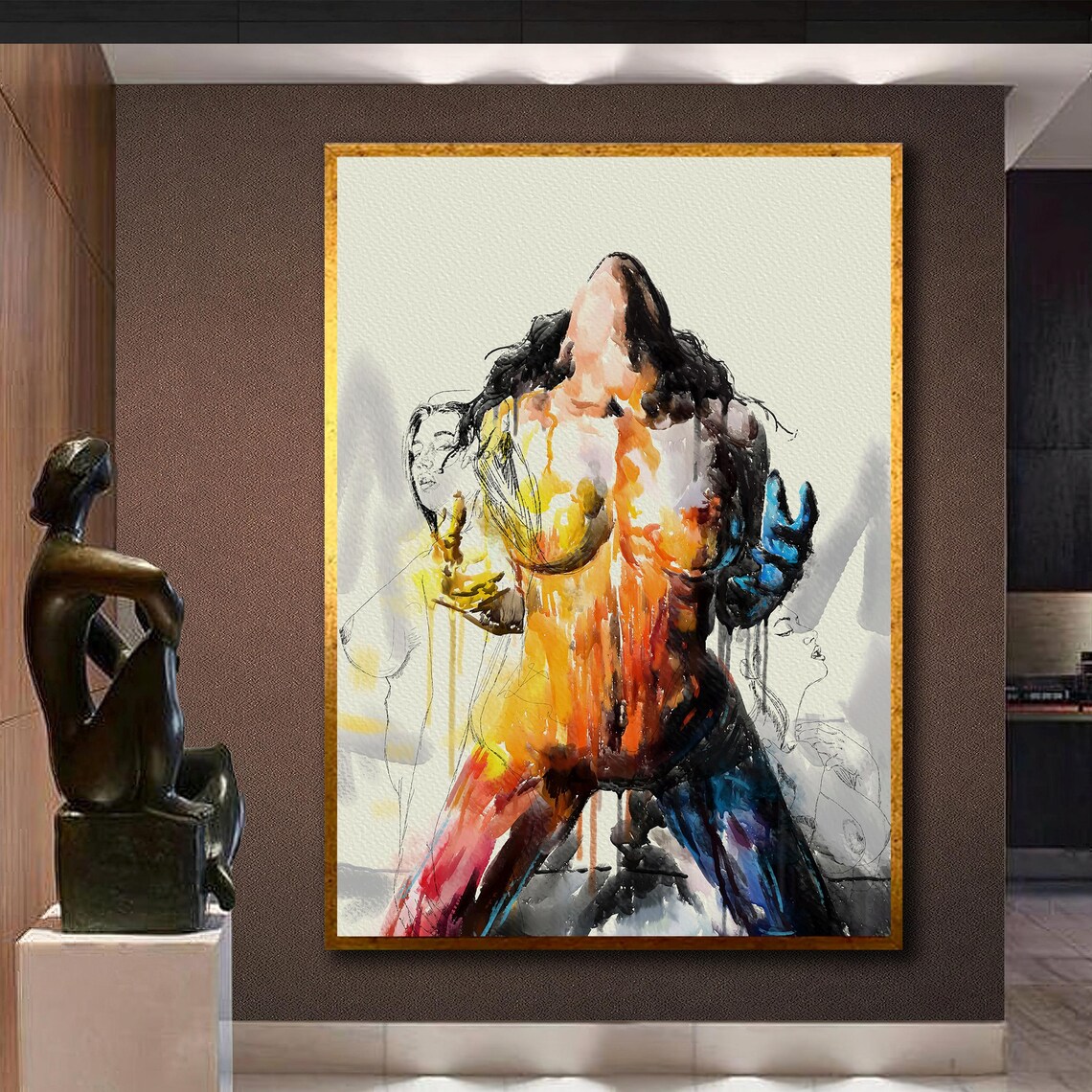 Watercolor Nude Woman in Orange and Blue Splashes Abstract Art Poster