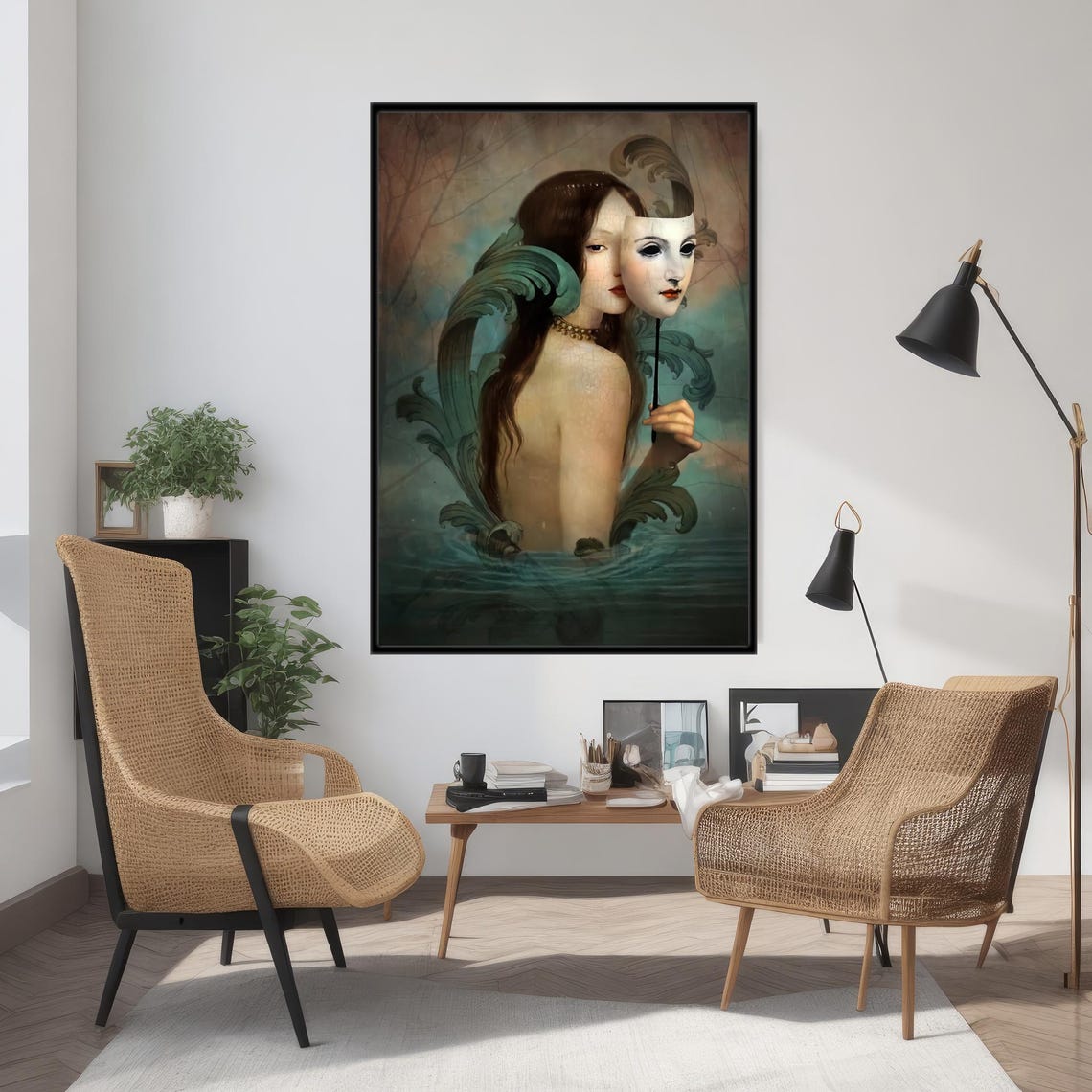 Surreal Masked Woman Holding White Mask Dreamlike Art Poster - Image 3