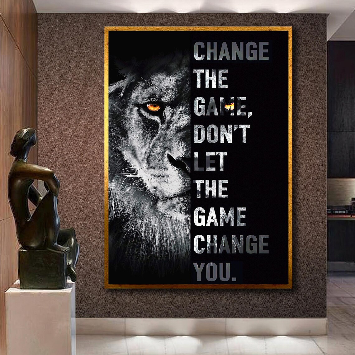 Lion Change The Game Motivational Quote Black and White Inspirational Poster - Image 2