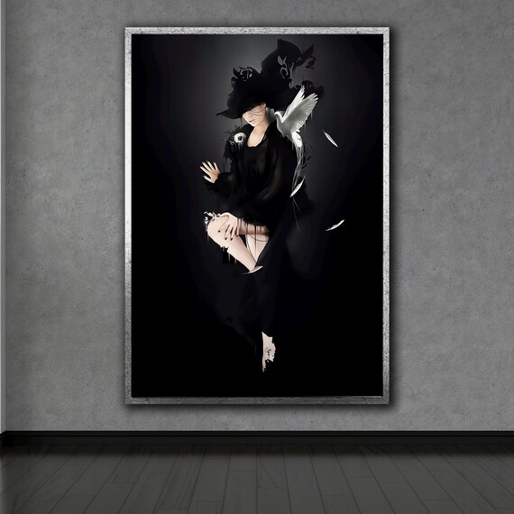 Woman in Black Dress With Pigeons Moody Fashion Photography Wall Art