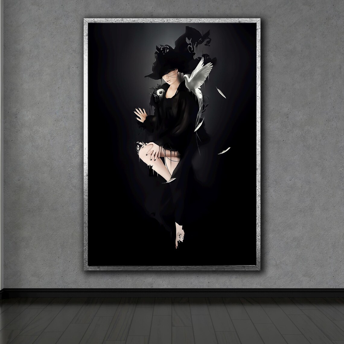 Woman in Black Dress With Pigeons Moody Fashion Photography Wall Art