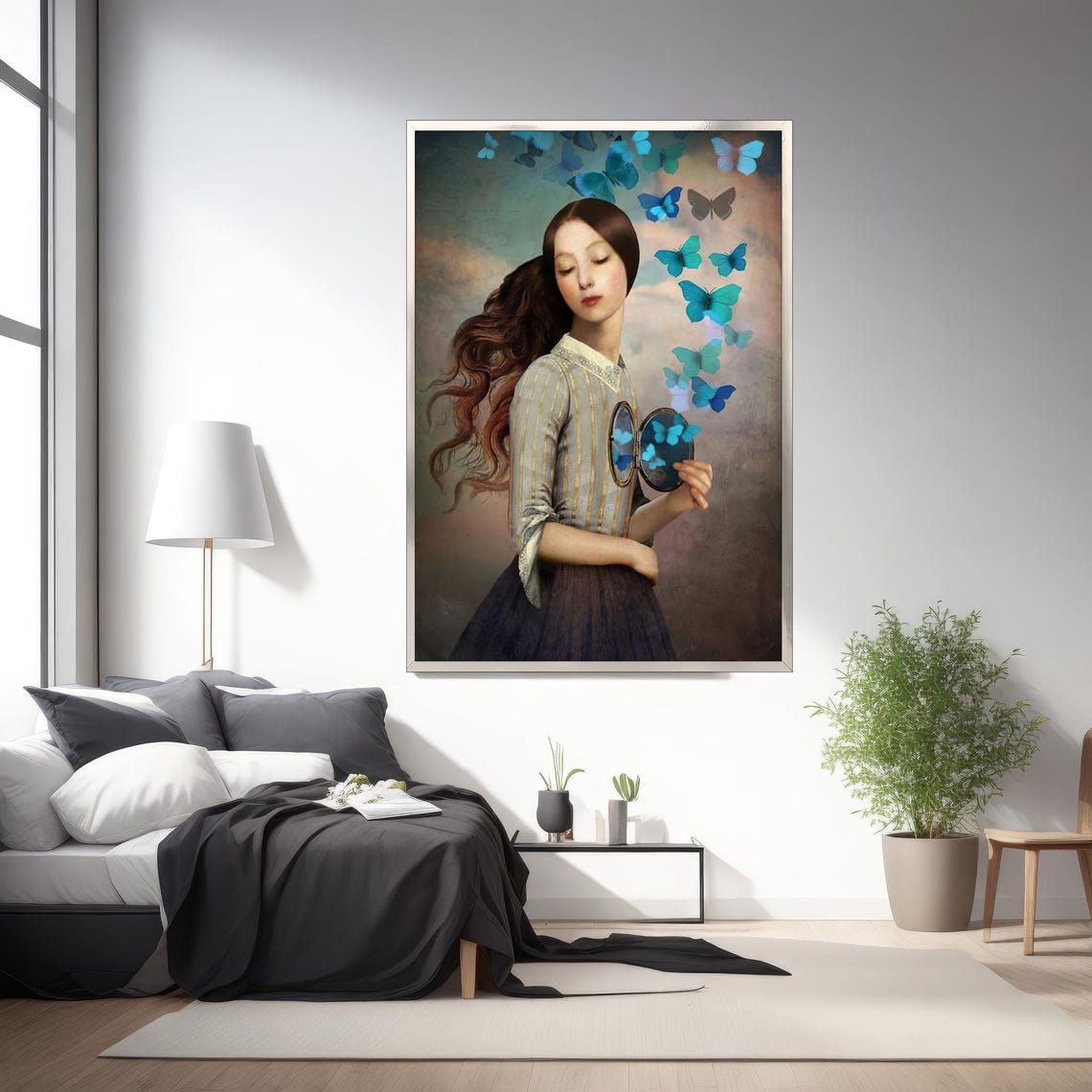 Woman Releasing Blue Butterflies Dreamlike Surreal Portrait Poster - Image 2