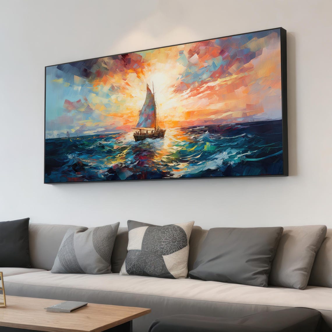 Sailboat Sunset Mosaic Colorful Ocean Waves Abstract Art Poster - Image 4
