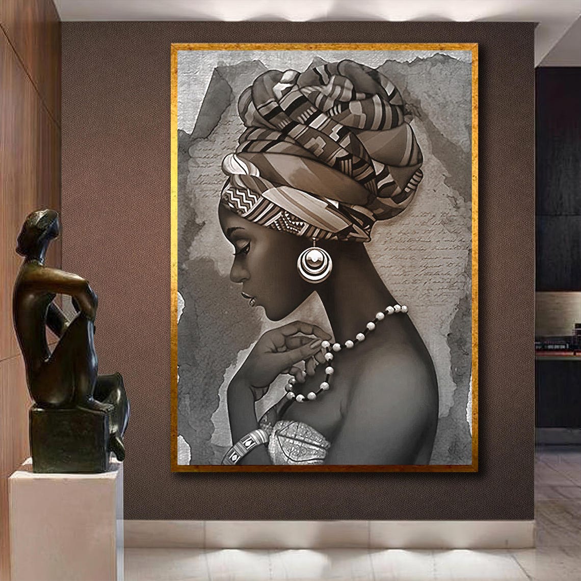 African Woman With Patterned Headwrap Sepia Portrait Wall Art - Image 3