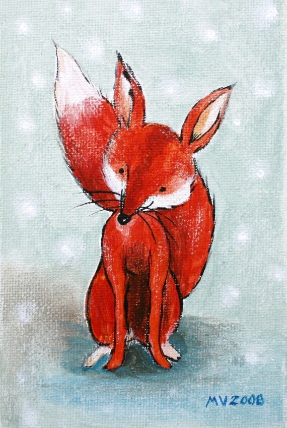 Red Fox Sitting With Big Fluffy Tail Snowy Winter Art Poster