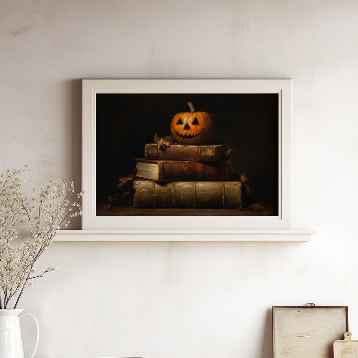 Jack-O-Lantern on Vintage Books Moody Halloween Still Life Poster - Image 5