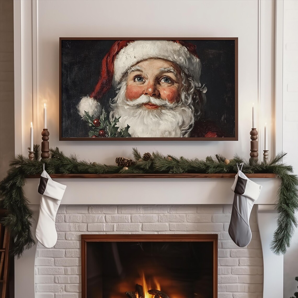 Vintage Santa Claus Christmas Wall Art for Samsung Frame TV with Holly Branch