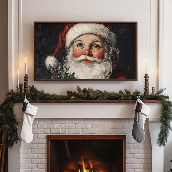 Vintage Santa Claus Christmas Wall Art for Samsung Frame TV with Holly Branch