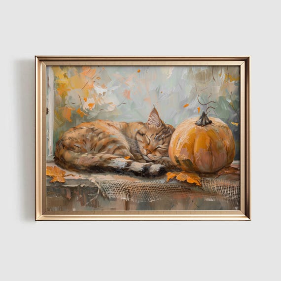 Cat Sleeping With Pumpkin Print Farmhouse Halloween Wall Art Cute Halloween Home Decor Fall Cat Print 946
