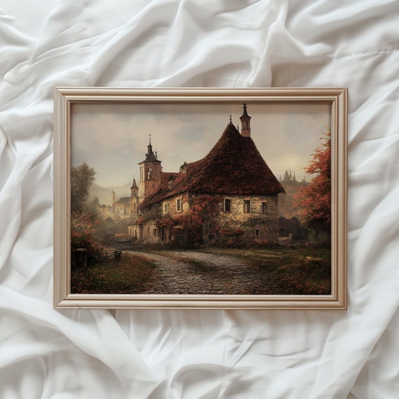 Fall Landscape Print, Rustic Autumn Cottage Art Print