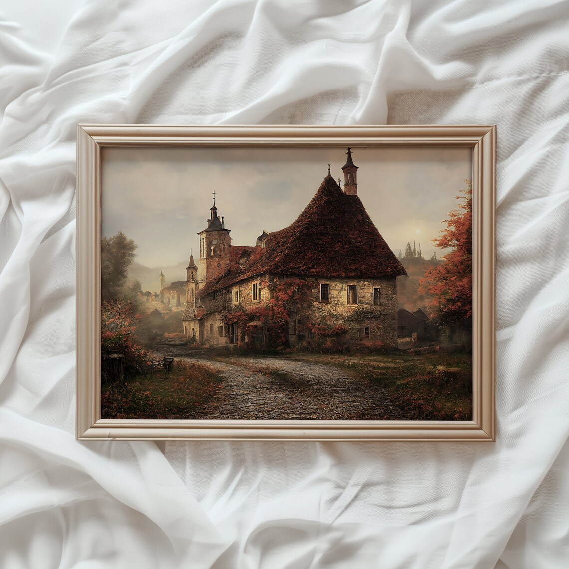 Fall Landscape Print, Rustic Autumn Cottage Art Print