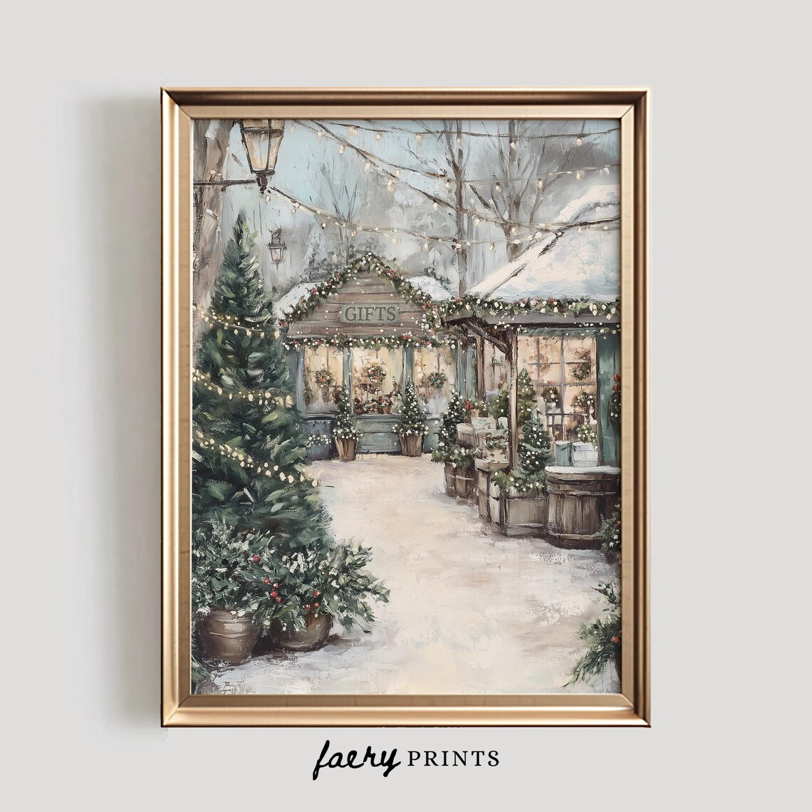 Winter Market Scene Art Print, Festive Holiday Decor