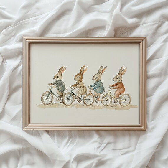 Vintage Nursery Bicycle Bunnies Art Print