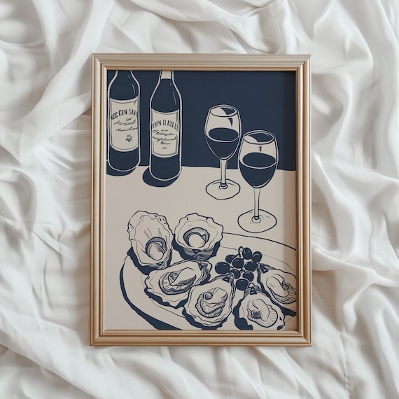 Navy Line Art Oysters and Red Wine Glasses Kitchen Chic Poster