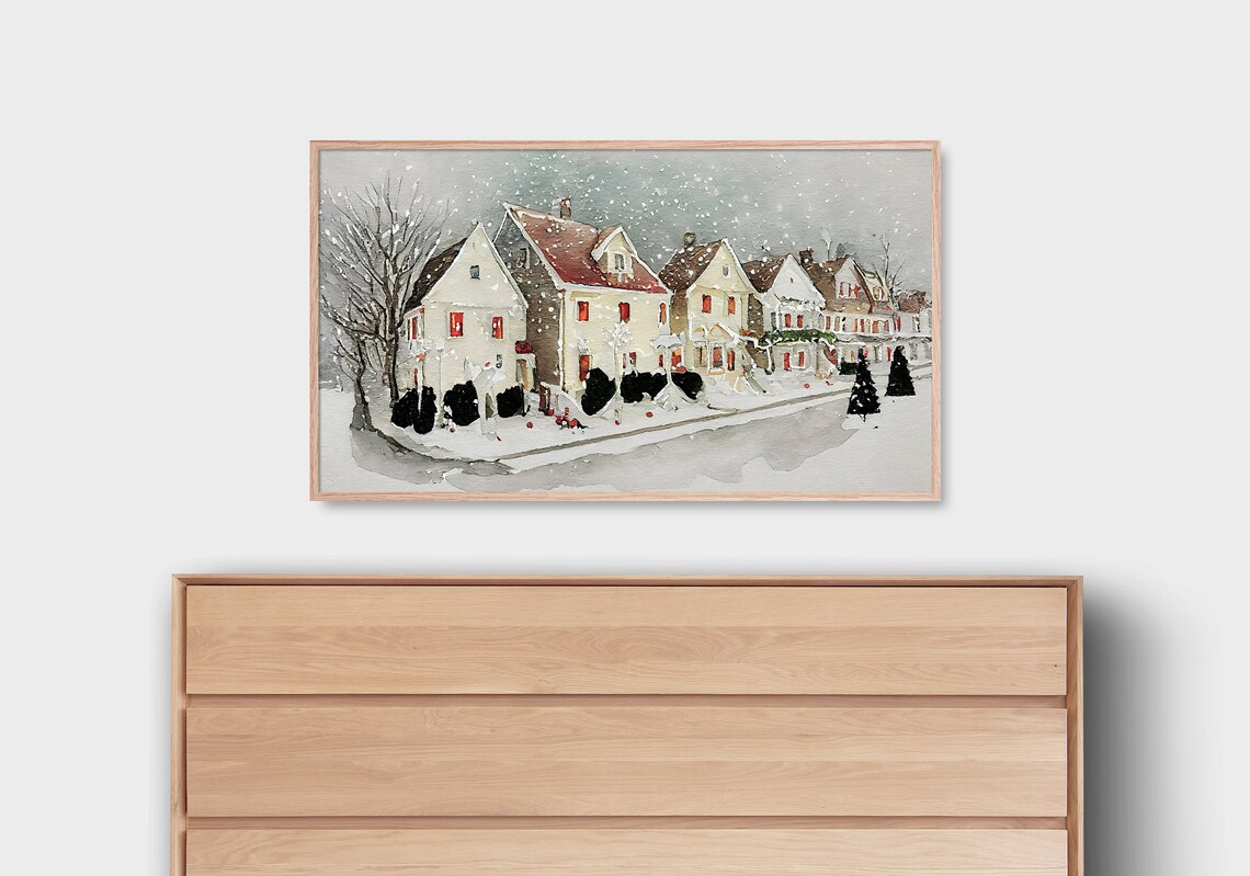 Snowy Christmas Village Watercolor With Twinkling Lights Poster