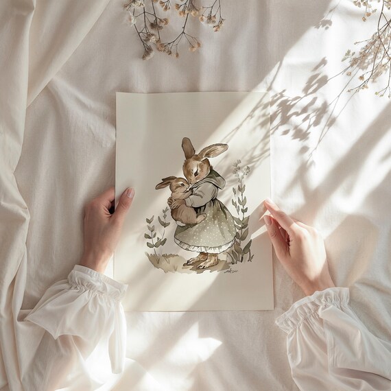Rabbit Mom Son Vintage Neutral Nursery Art Print