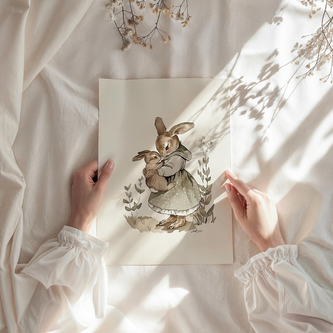 Rabbit Mom Son Vintage Neutral Nursery Art Print