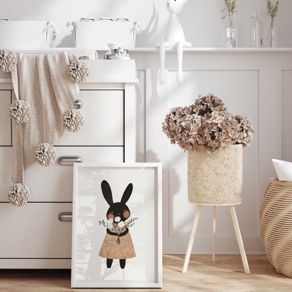 Black Bunny in Brown Dress Holding Daisy Bouquet Nursery Art Poster - Image 4