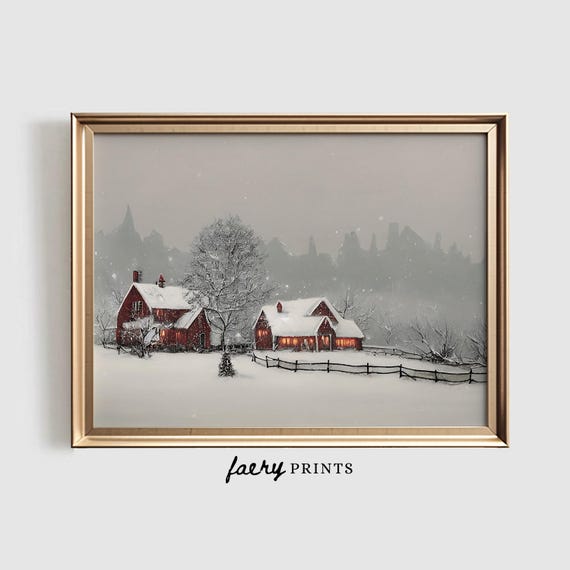 Winter Farmhouse Painting Art Print, Vintage Red Barn
