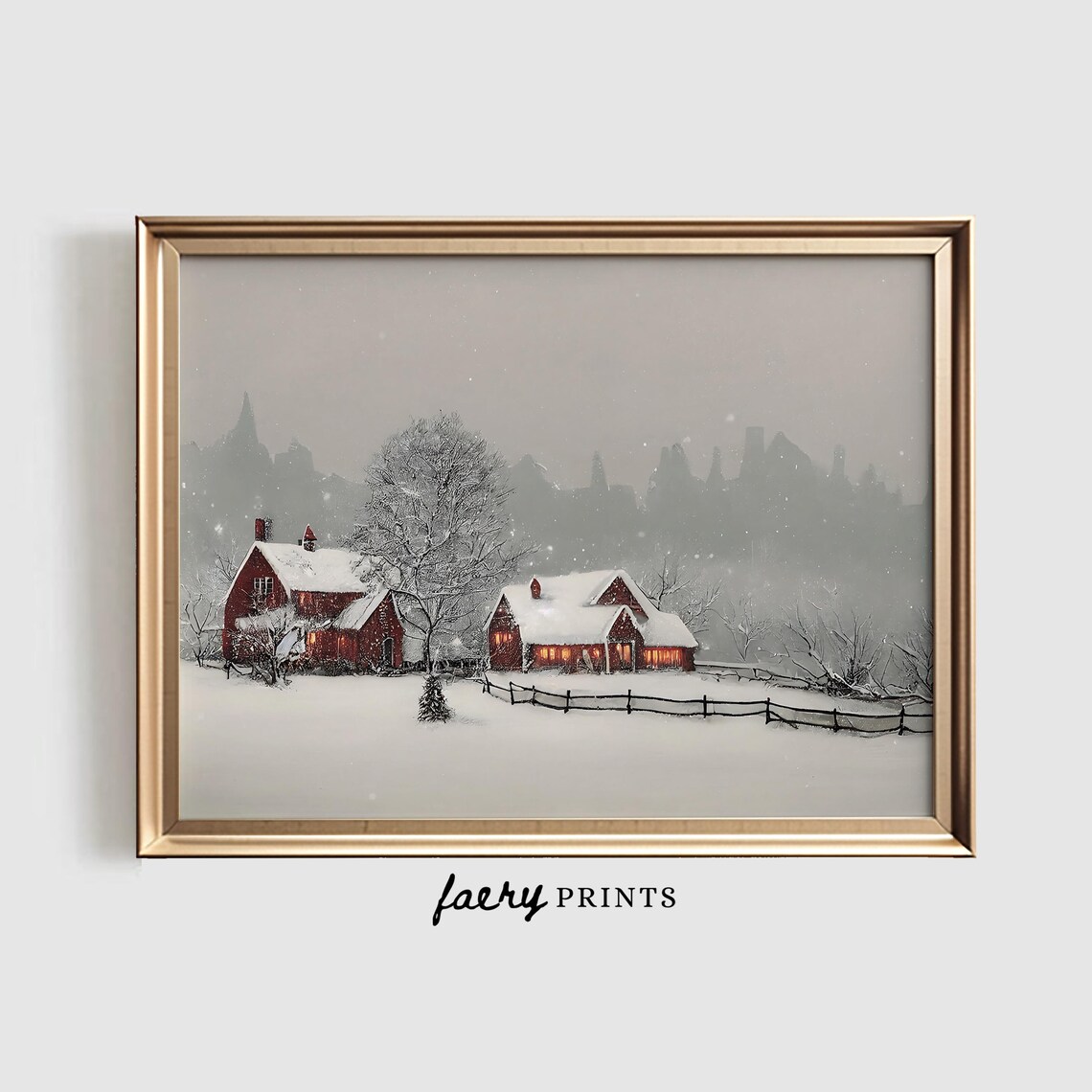 Winter Farmhouse Painting Art Print, Vintage Red Barn