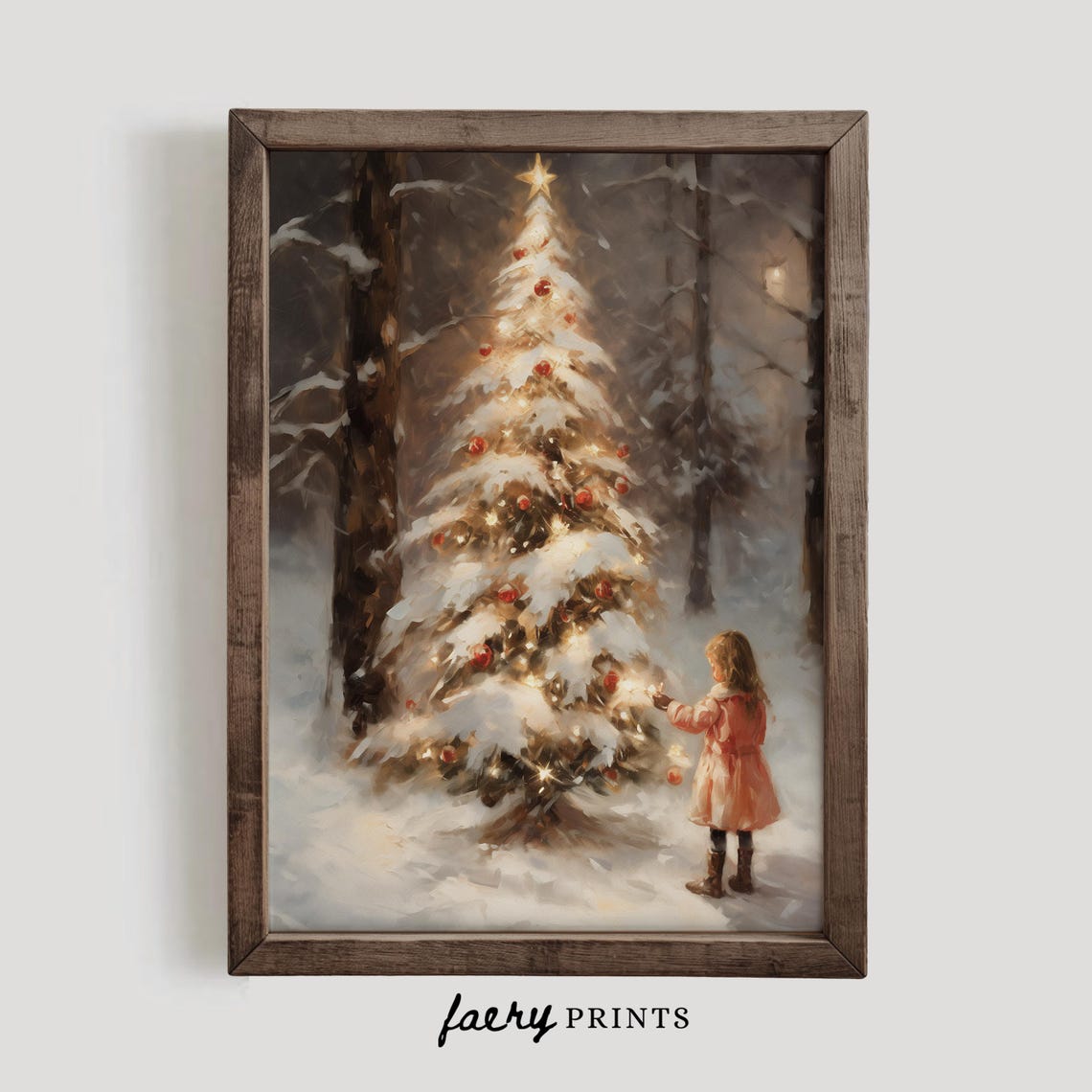Snowy Christmas Tree Little Girl Vintage Style Holiday Poster - Image 2