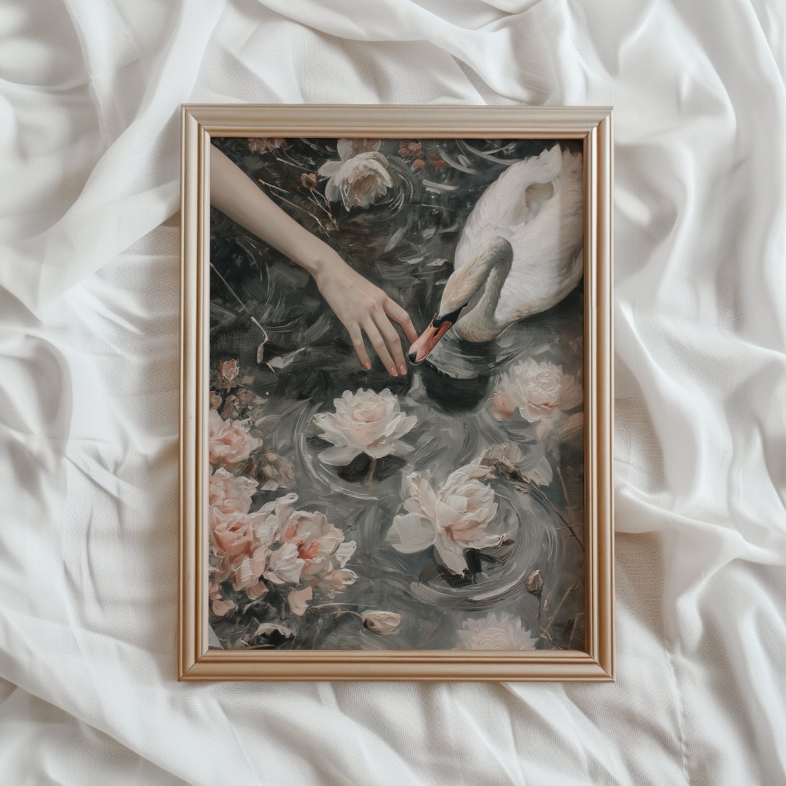 Swan Dark Water Hand Reaching Roses Moody Romantic Painting Poster