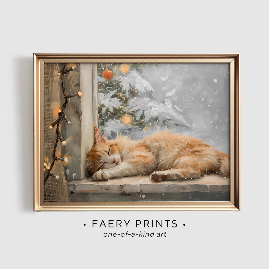 Sleeping Cat Christmas Art Print, Farmhouse Holiday
