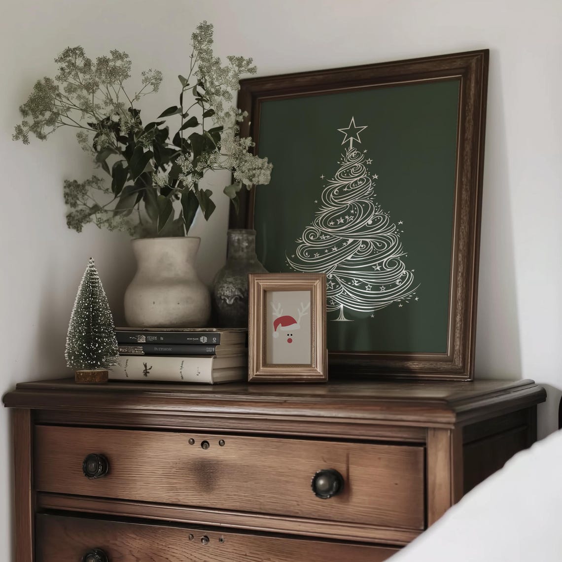 Swirling White Line Christmas Tree Star Minimalist Green Poster - Image 2