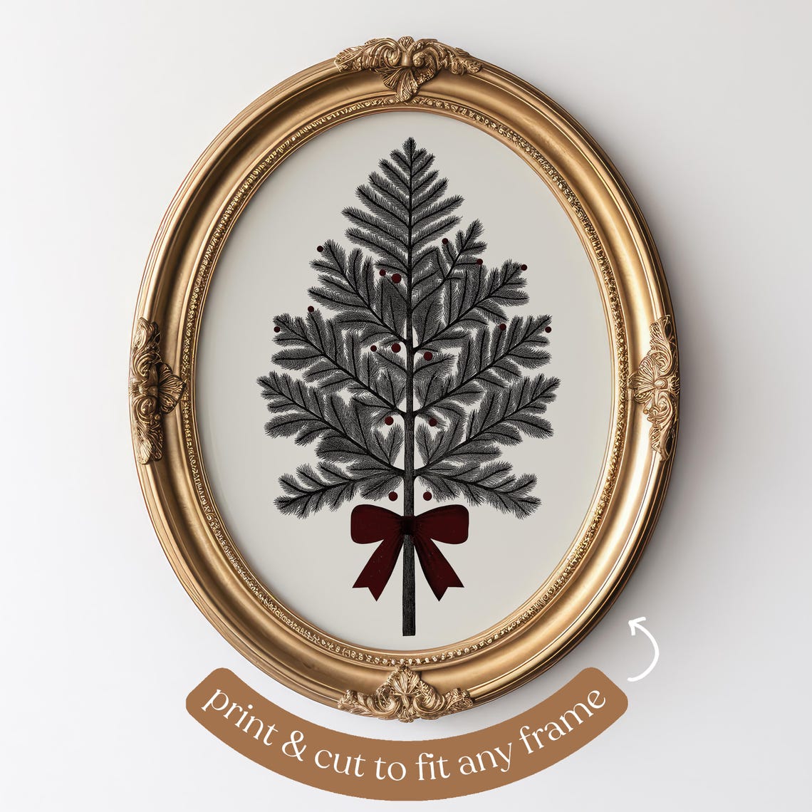 Etched Pine Christmas Tree with Red Bow Botanical Holiday Art Poster - Image 3