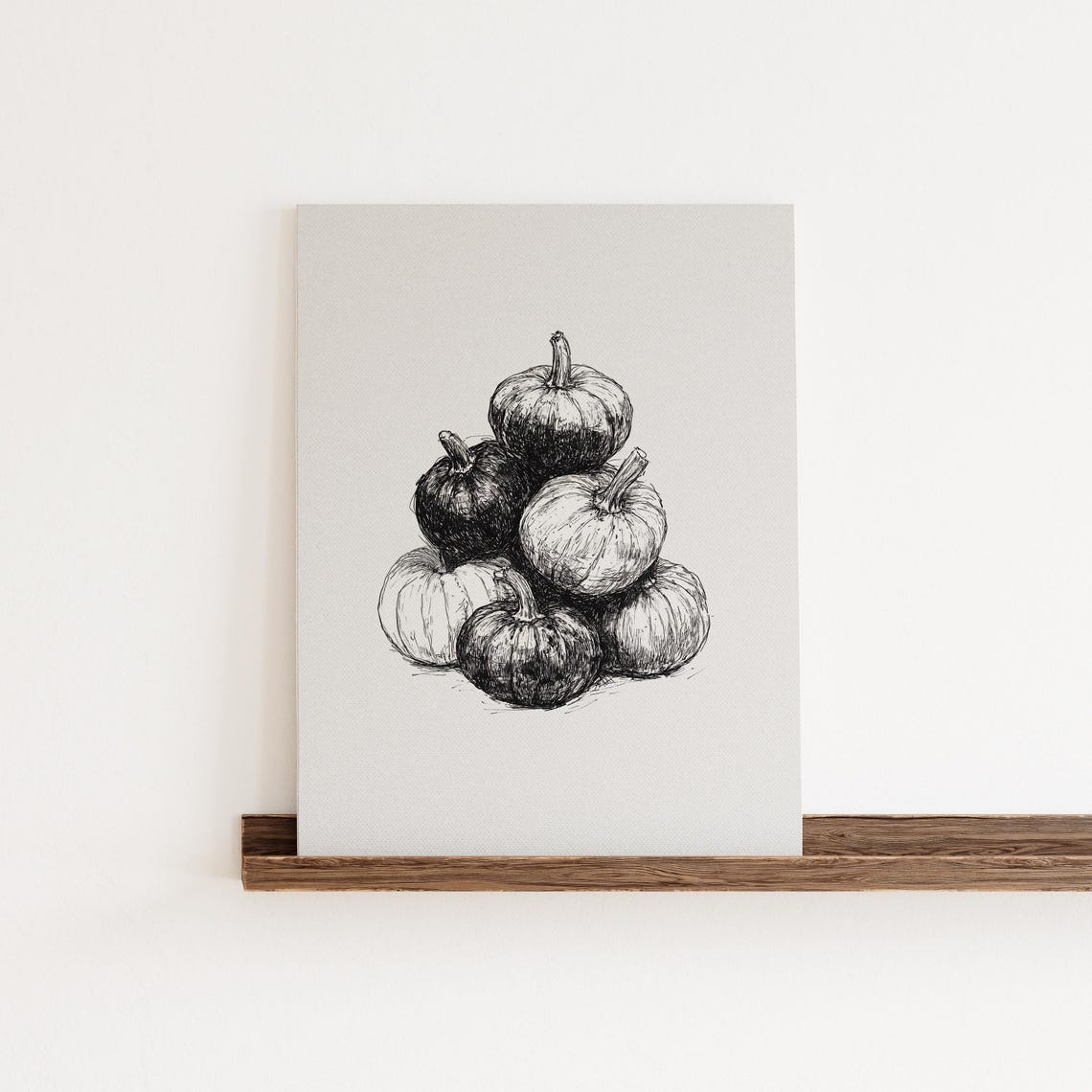 Charming Stacked Pumpkin Pile Black Ink Sketch Fall Harvest Wall Art