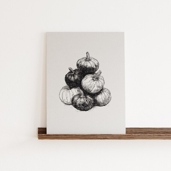 Charming Stacked Pumpkin Pile Black Ink Sketch Fall Harvest Wall Art