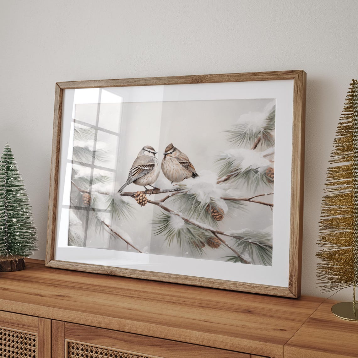 Two Winter Birds on Snowy Pine Branch Watercolor Nature Poster - Image 4