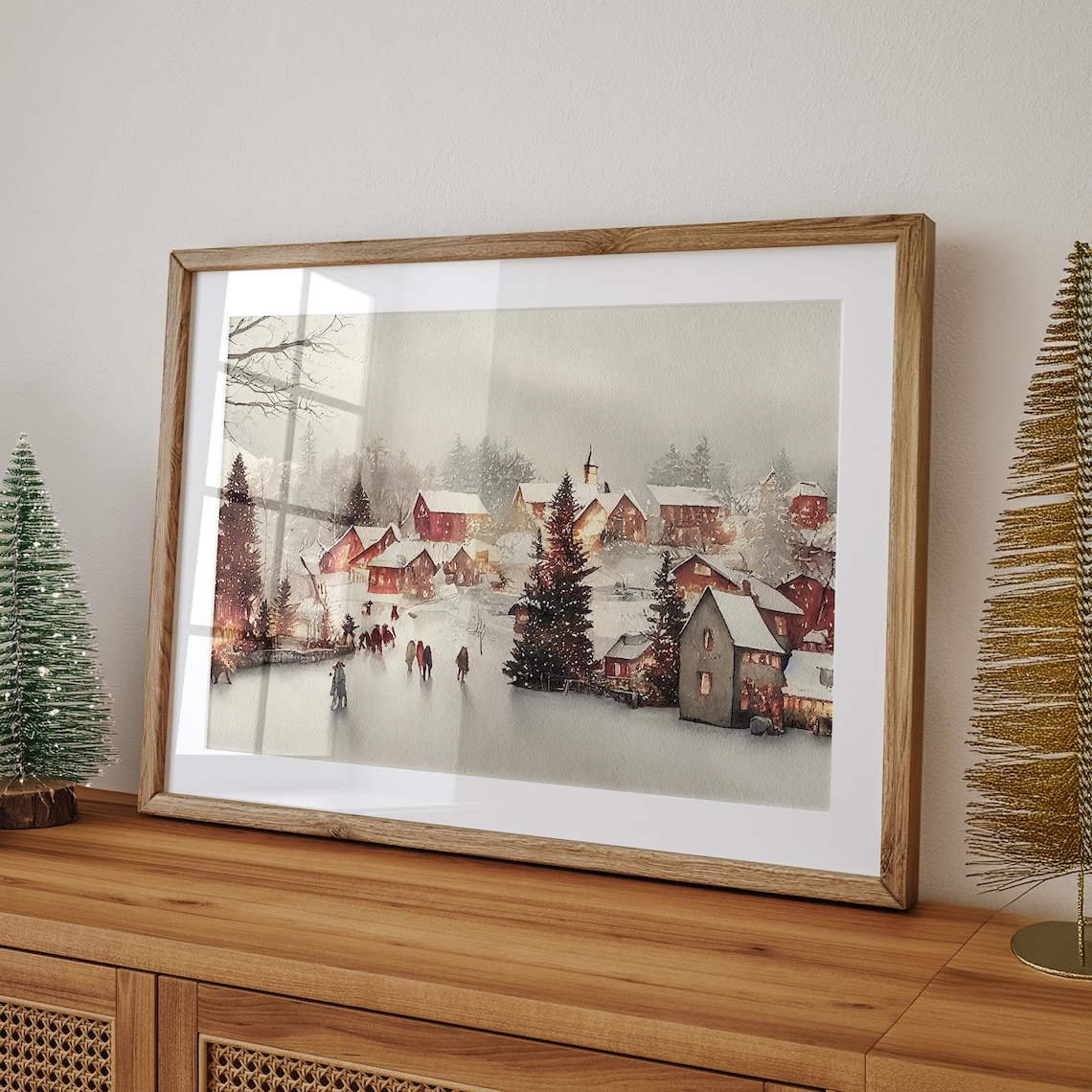 Winter Watercolor Christmas Village Art Print - Image 5