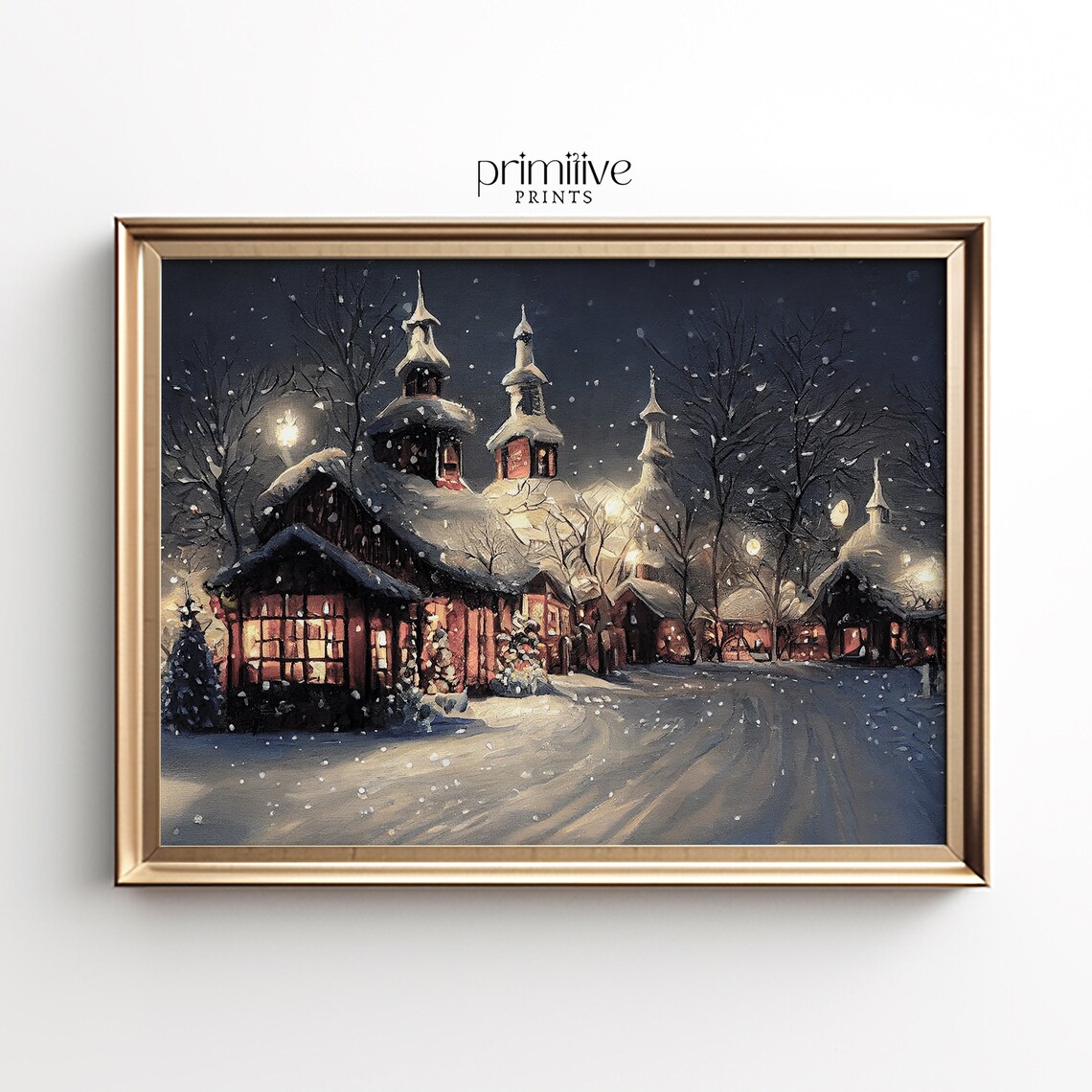 Christmas Village Vintage Winter Evening Art Print