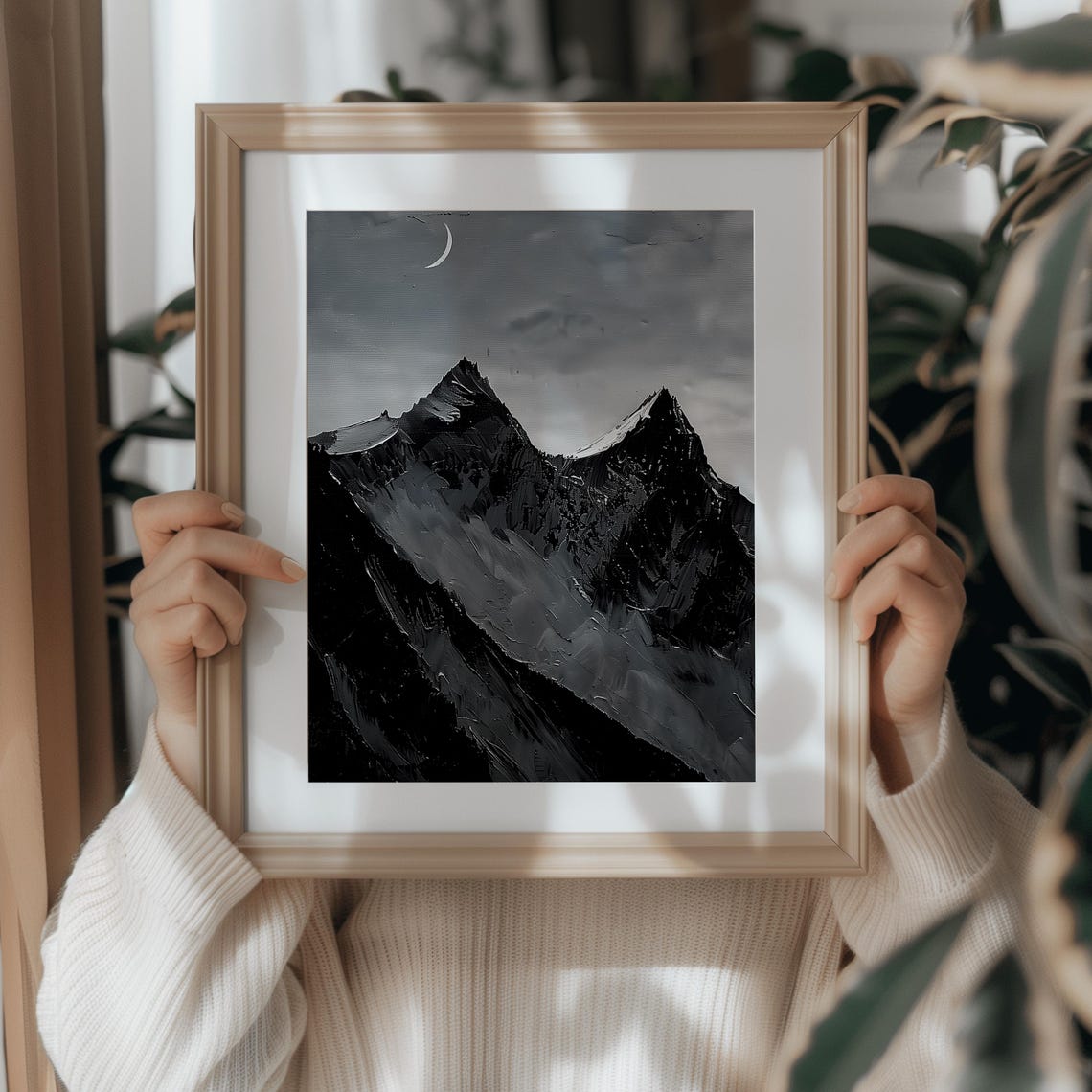 Black and White Mountain Peaks Under Crescent Moon Night Art Poster - Image 2