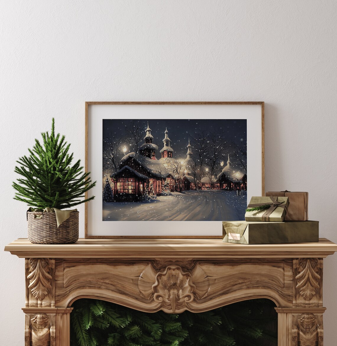 Christmas Village Vintage Winter Evening Art Print - Image 4